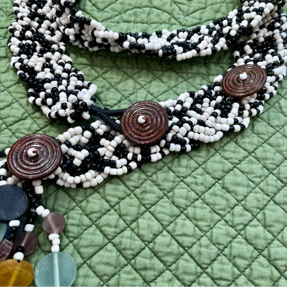 Boho Hand Beaded / Braided Belt, Enameled Button Closures(s), Colorful Fringe